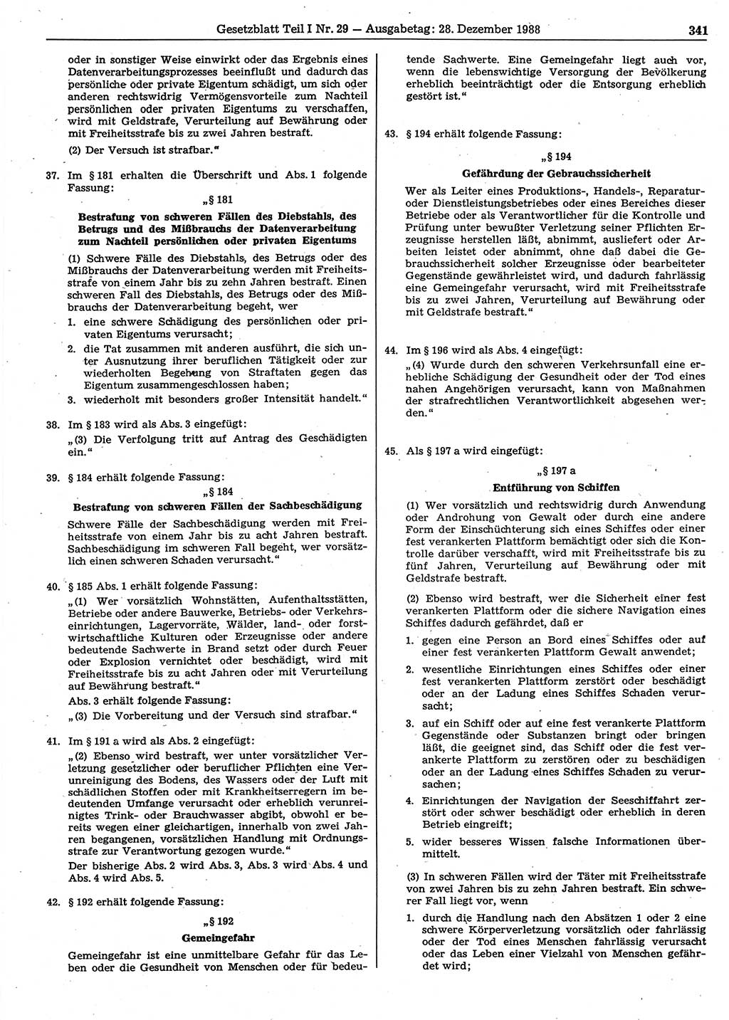 Gesetzblatt (GBl.) der Deutschen Demokratischen Republik (DDR) Teil Ⅰ 1988, Seite 341 (GBl. DDR Ⅰ 1988, S. 341)