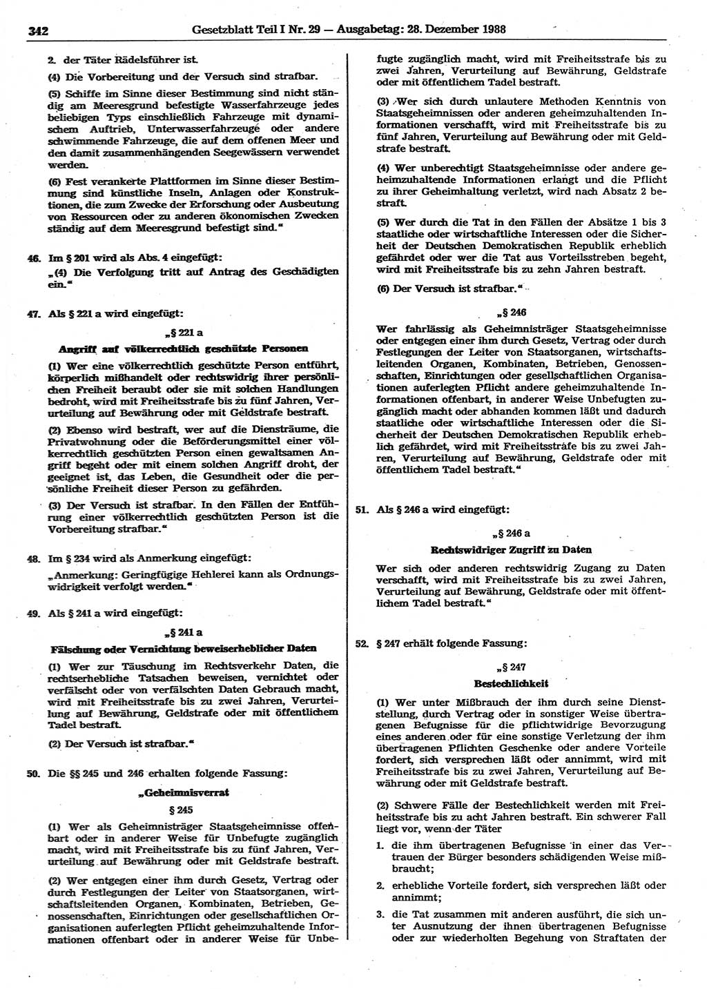 Gesetzblatt (GBl.) der Deutschen Demokratischen Republik (DDR) Teil Ⅰ 1988, Seite 342 (GBl. DDR Ⅰ 1988, S. 342)