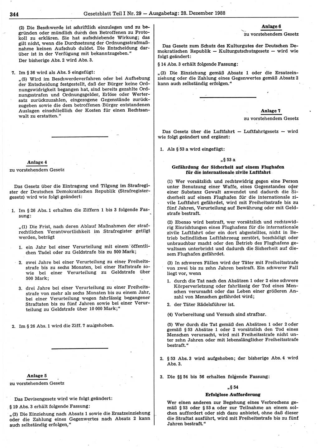 Gesetzblatt (GBl.) der Deutschen Demokratischen Republik (DDR) Teil Ⅰ 1988, Seite 344 (GBl. DDR Ⅰ 1988, S. 344)