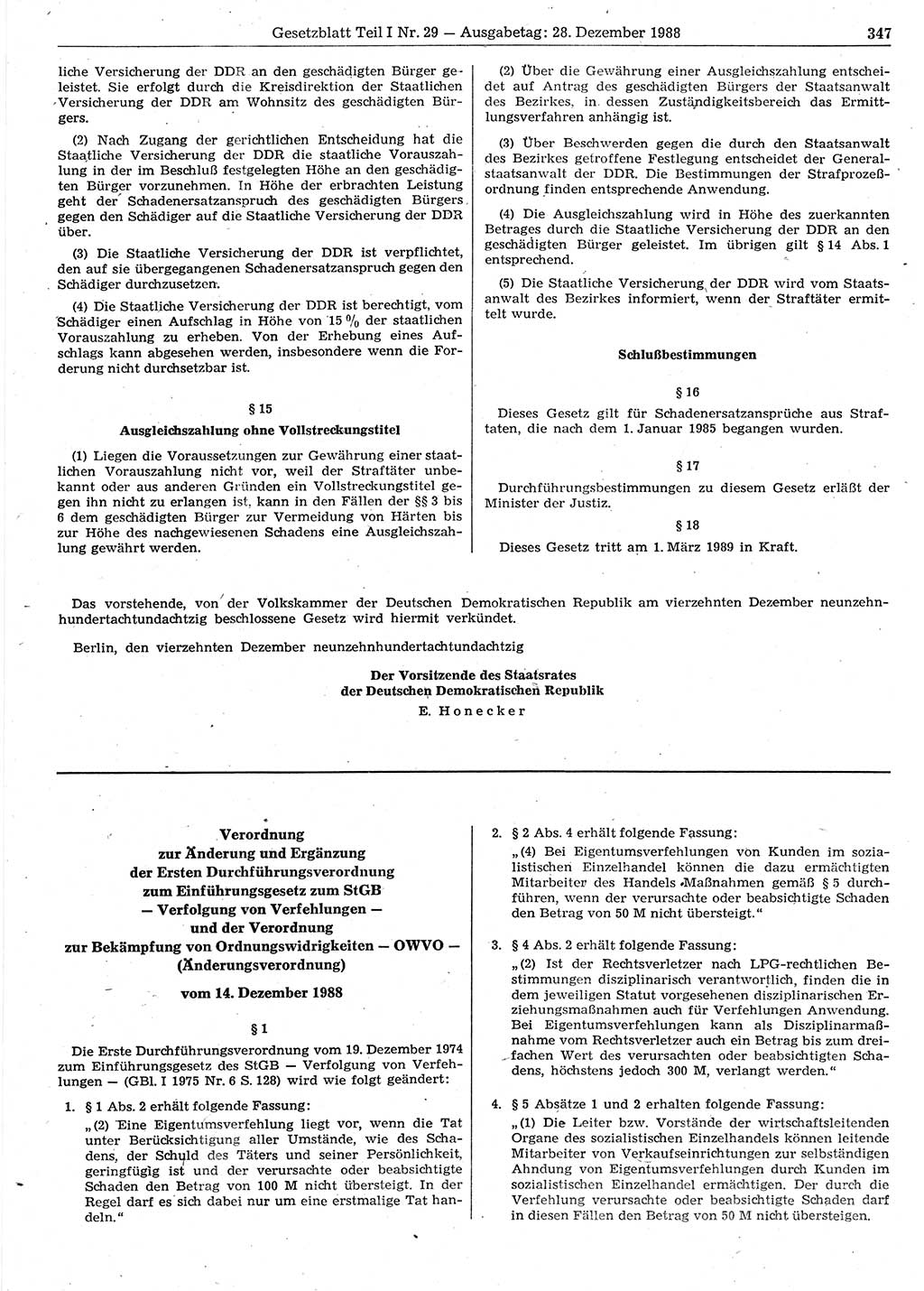 Gesetzblatt (GBl.) der Deutschen Demokratischen Republik (DDR) Teil Ⅰ 1988, Seite 347 (GBl. DDR Ⅰ 1988, S. 347)