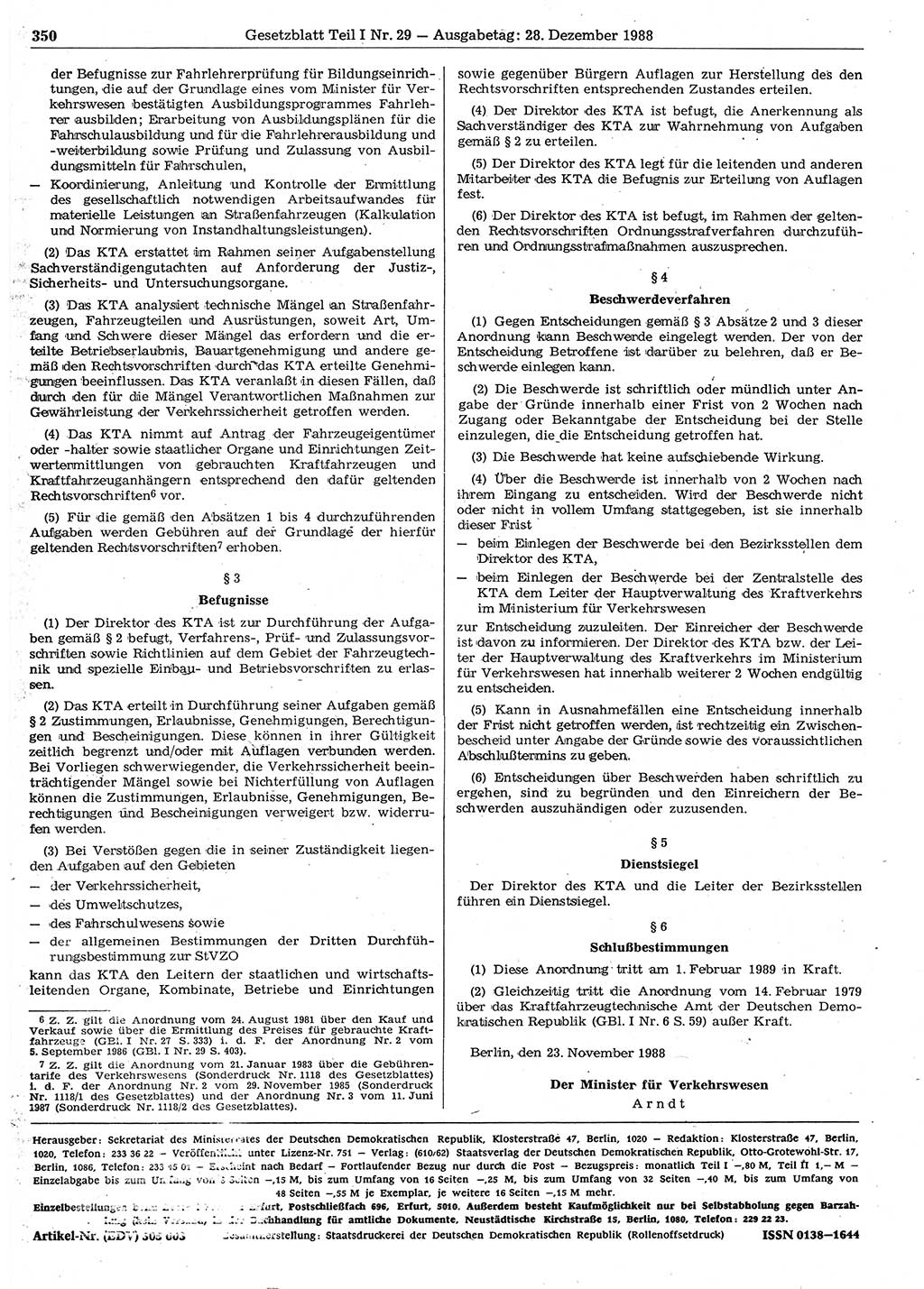 Gesetzblatt (GBl.) der Deutschen Demokratischen Republik (DDR) Teil Ⅰ 1988, Seite 350 (GBl. DDR Ⅰ 1988, S. 350)