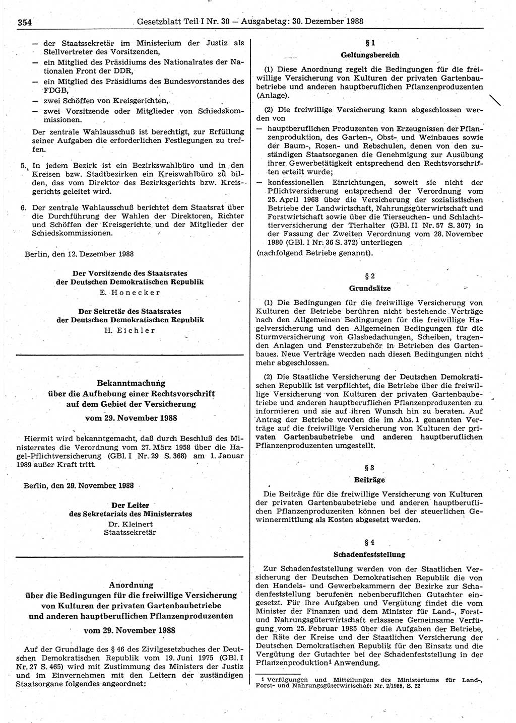 Gesetzblatt (GBl.) der Deutschen Demokratischen Republik (DDR) Teil Ⅰ 1988, Seite 354 (GBl. DDR Ⅰ 1988, S. 354)