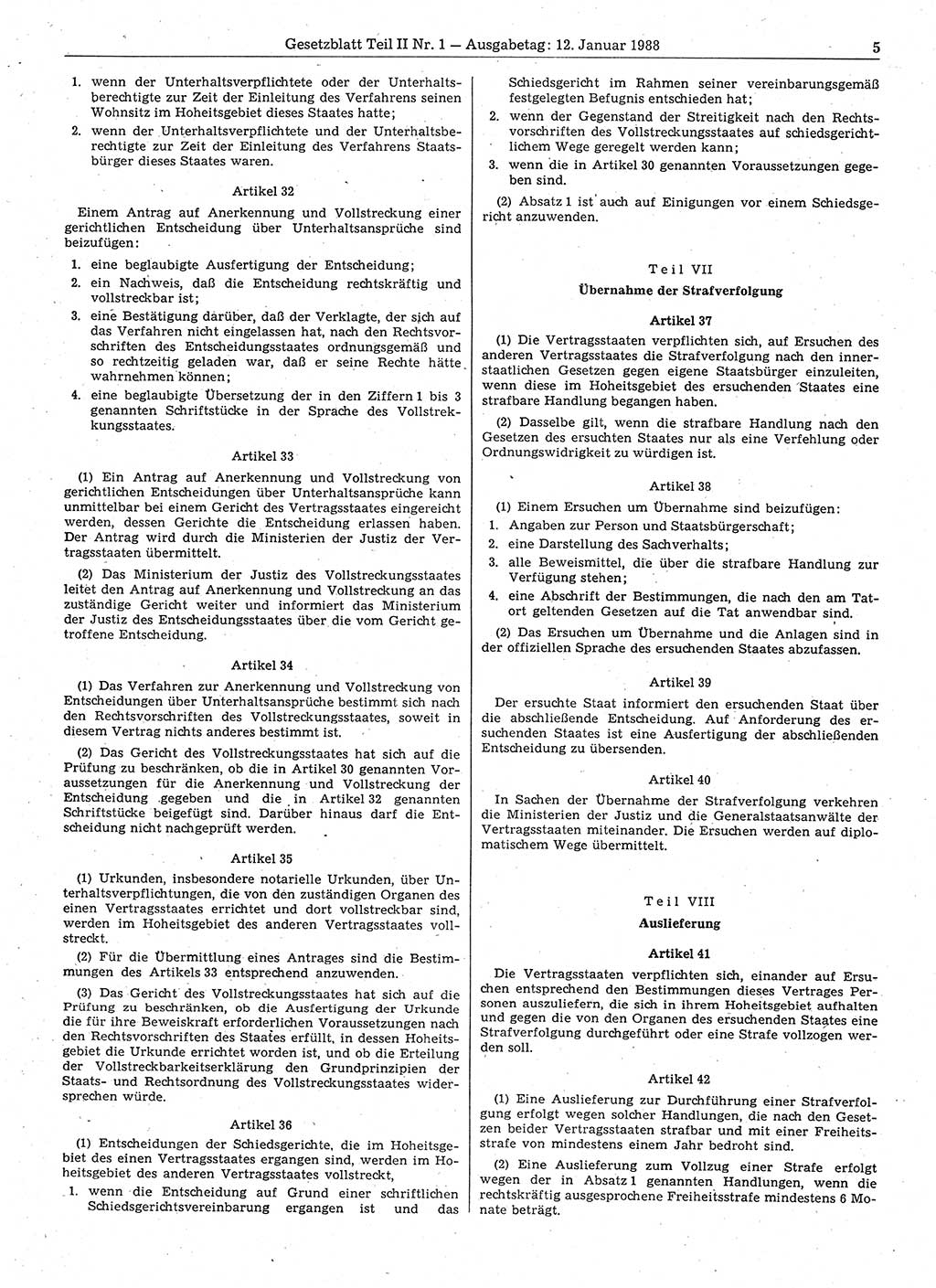 Gesetzblatt (GBl.) der Deutschen Demokratischen Republik (DDR) Teil ⅠⅠ 1988, Seite 5 (GBl. DDR ⅠⅠ 1988, S. 5)