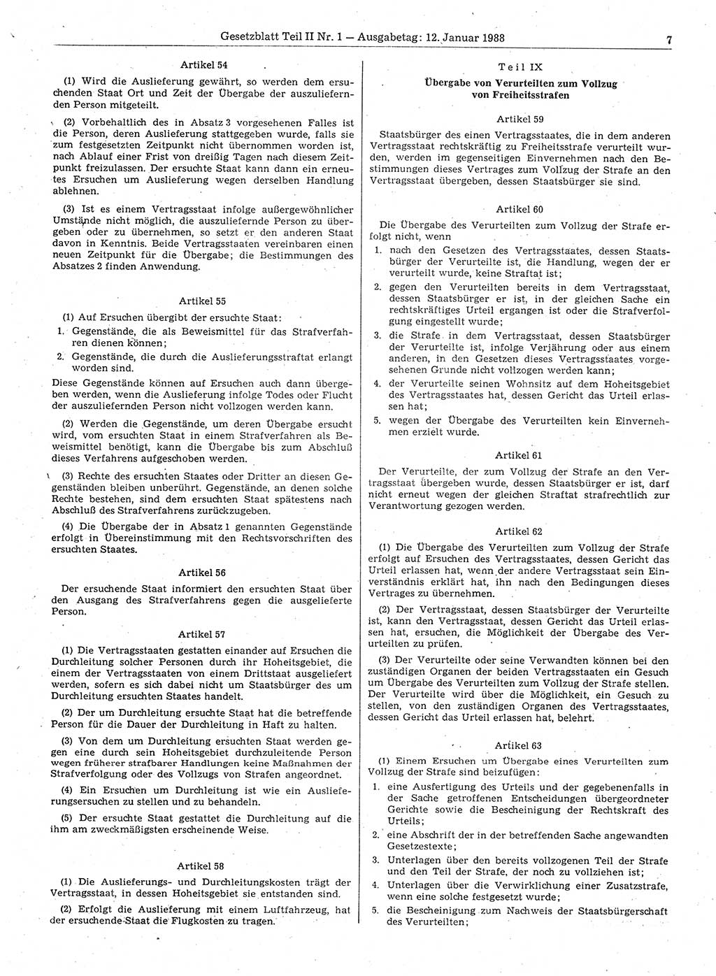 Gesetzblatt (GBl.) der Deutschen Demokratischen Republik (DDR) Teil ⅠⅠ 1988, Seite 7 (GBl. DDR ⅠⅠ 1988, S. 7)