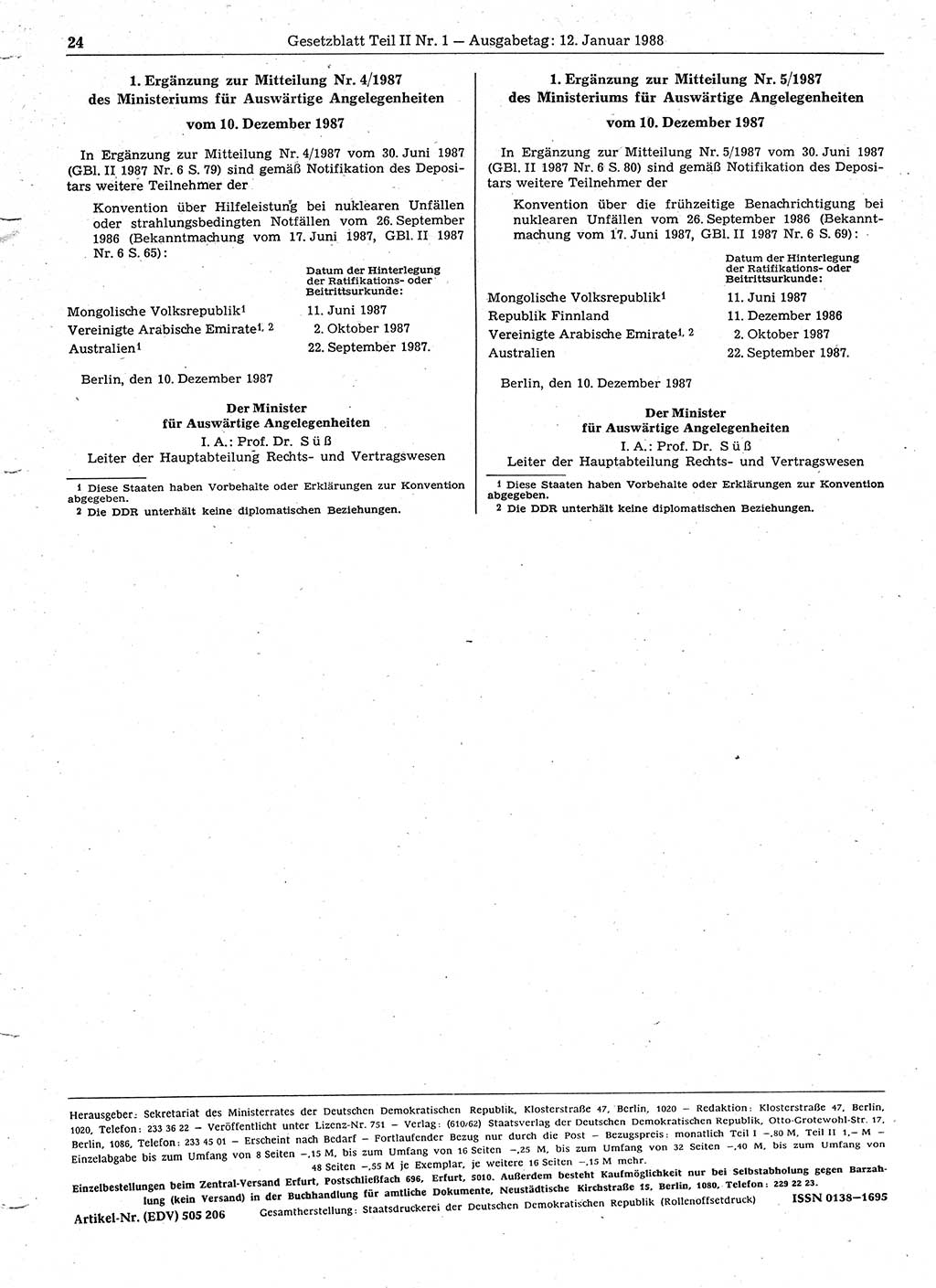 Gesetzblatt (GBl.) der Deutschen Demokratischen Republik (DDR) Teil ⅠⅠ 1988, Seite 24 (GBl. DDR ⅠⅠ 1988, S. 24)