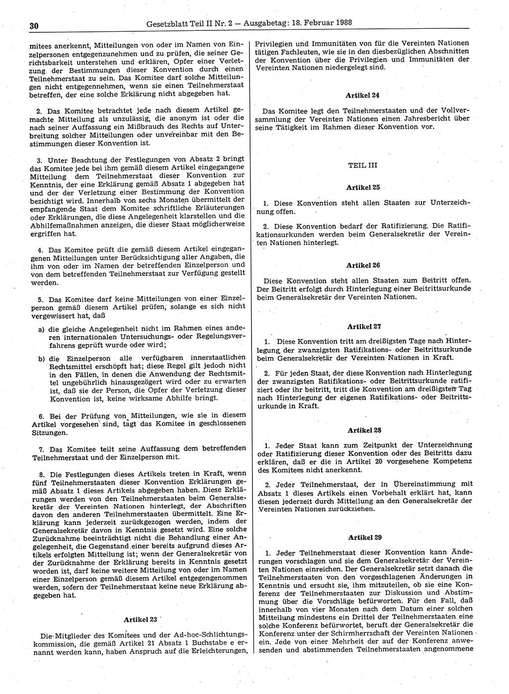 Gesetzblatt (GBl.) der Deutschen Demokratischen Republik (DDR) Teil ⅠⅠ 1988, Seite 30 (GBl. DDR ⅠⅠ 1988, S. 30)