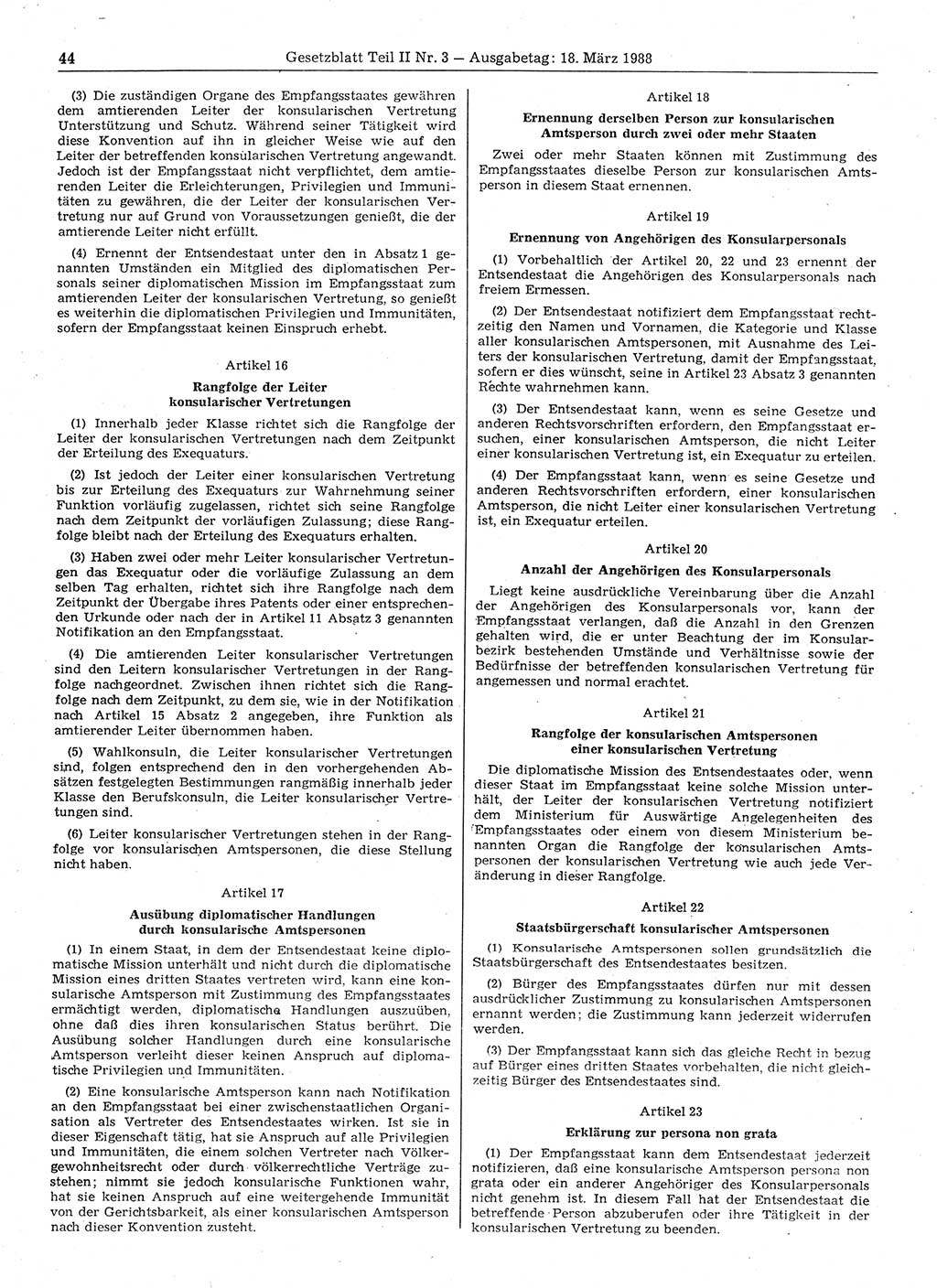 Gesetzblatt (GBl.) der Deutschen Demokratischen Republik (DDR) Teil ⅠⅠ 1988, Seite 44 (GBl. DDR ⅠⅠ 1988, S. 44)