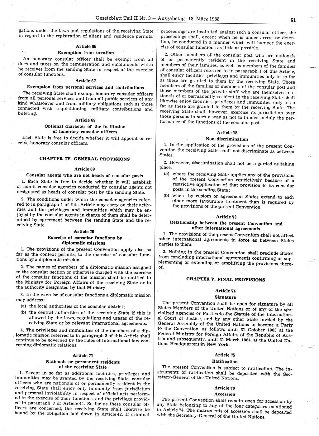 Gesetzblatt (GBl.) der Deutschen Demokratischen Republik (DDR) Teil ⅠⅠ 1988, Seite 61 (GBl. DDR ⅠⅠ 1988, S. 61)
