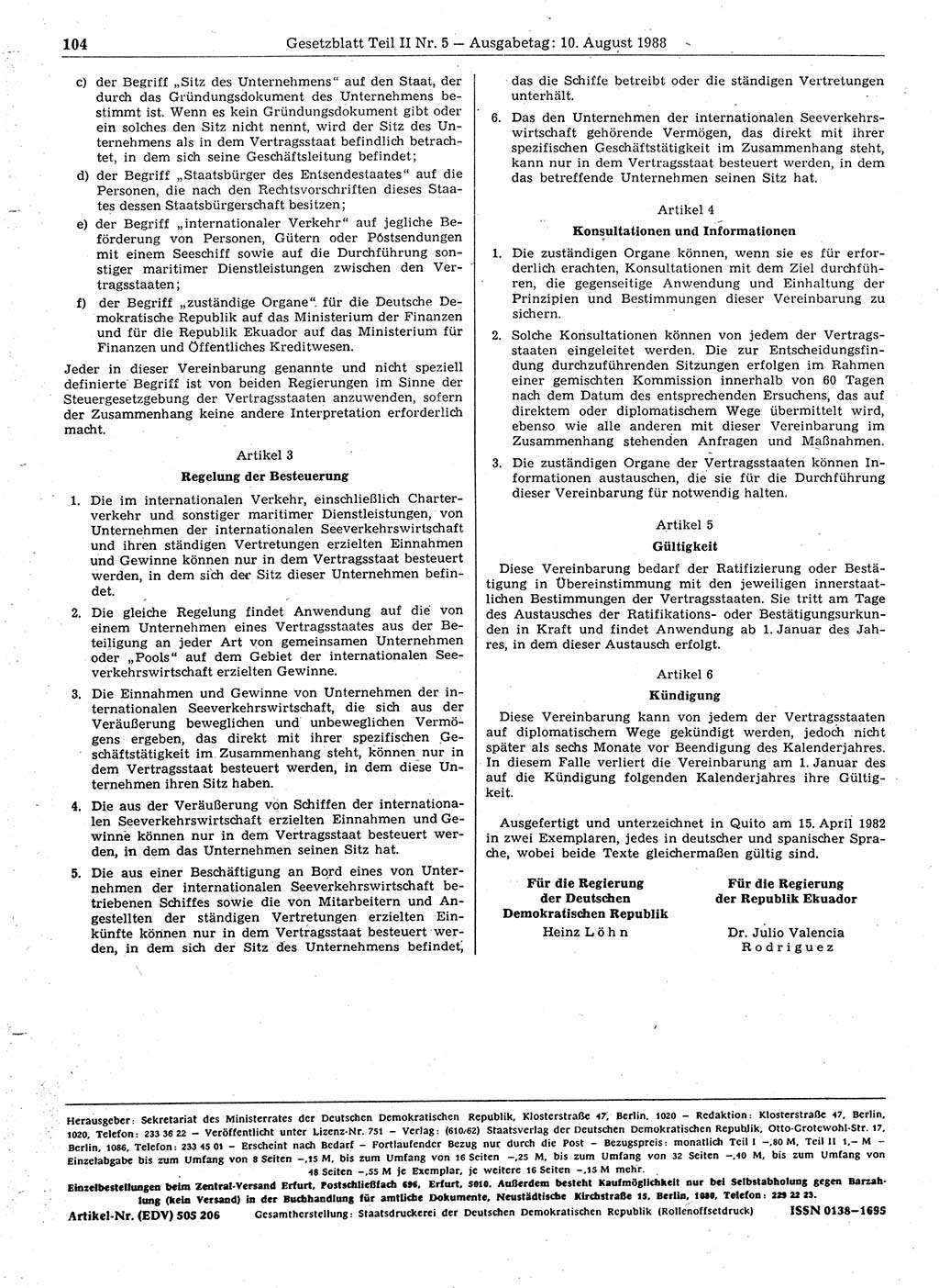 Gesetzblatt (GBl.) der Deutschen Demokratischen Republik (DDR) Teil ⅠⅠ 1988, Seite 104 (GBl. DDR ⅠⅠ 1988, S. 104)