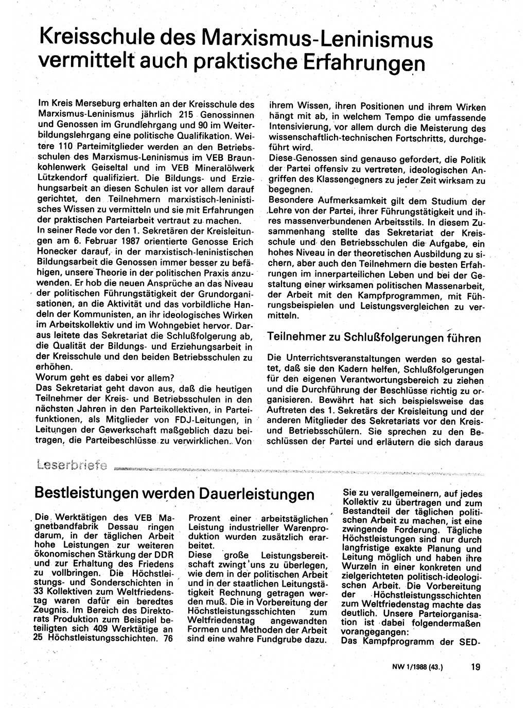 Neuer Weg (NW), Organ des Zentralkomitees (ZK) der SED (Sozialistische Einheitspartei Deutschlands) für Fragen des Parteilebens, 43. Jahrgang [Deutsche Demokratische Republik (DDR)] 1988, Seite 19 (NW ZK SED DDR 1988, S. 19)