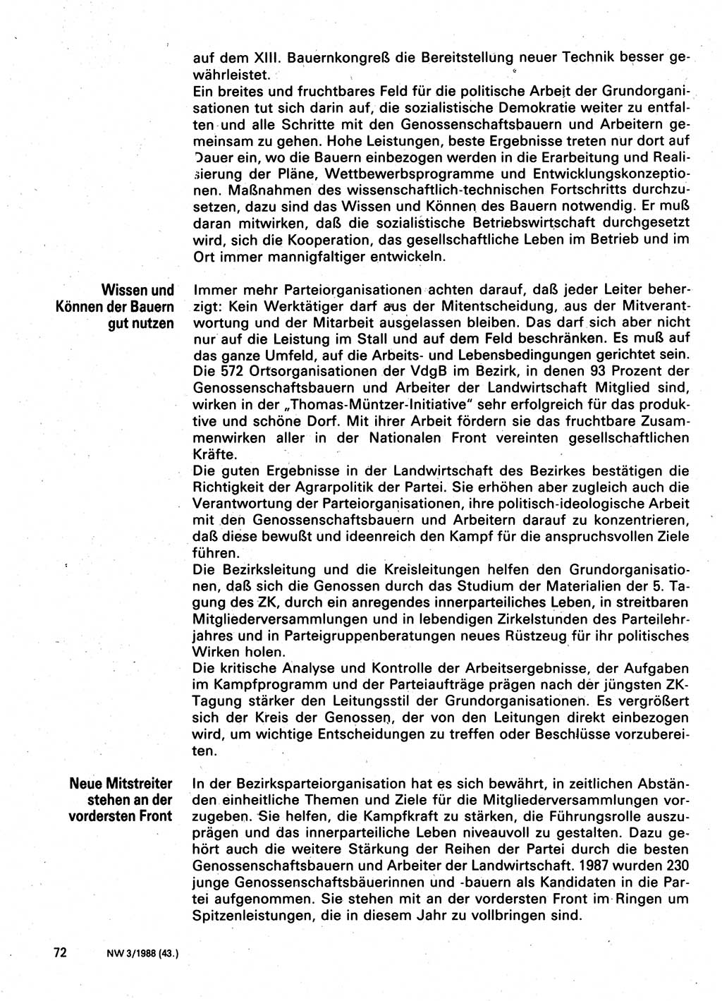 Neuer Weg (NW), Organ des Zentralkomitees (ZK) der SED (Sozialistische Einheitspartei Deutschlands) für Fragen des Parteilebens, 43. Jahrgang [Deutsche Demokratische Republik (DDR)] 1988, Seite 72 (NW ZK SED DDR 1988, S. 72)