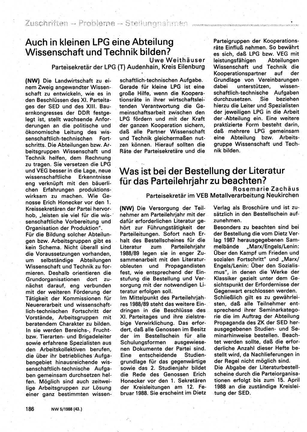 Neuer Weg (NW), Organ des Zentralkomitees (ZK) der SED (Sozialistische Einheitspartei Deutschlands) für Fragen des Parteilebens, 43. Jahrgang [Deutsche Demokratische Republik (DDR)] 1988, Seite 186 (NW ZK SED DDR 1988, S. 186)