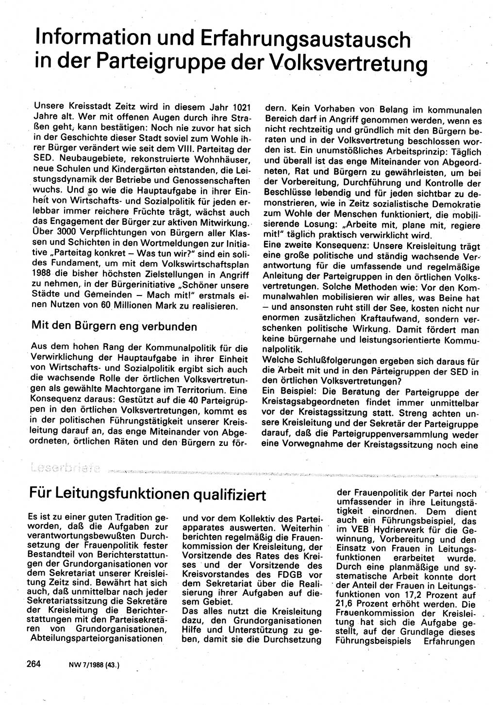 Neuer Weg (NW), Organ des Zentralkomitees (ZK) der SED (Sozialistische Einheitspartei Deutschlands) für Fragen des Parteilebens, 43. Jahrgang [Deutsche Demokratische Republik (DDR)] 1988, Seite 264 (NW ZK SED DDR 1988, S. 264)
