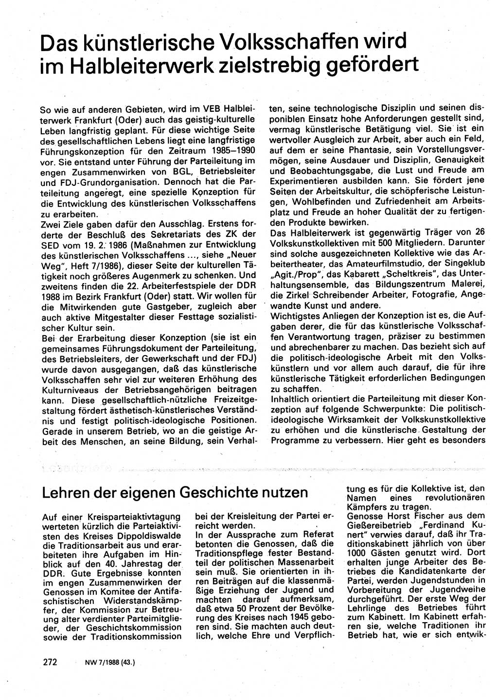 Neuer Weg (NW), Organ des Zentralkomitees (ZK) der SED (Sozialistische Einheitspartei Deutschlands) für Fragen des Parteilebens, 43. Jahrgang [Deutsche Demokratische Republik (DDR)] 1988, Seite 272 (NW ZK SED DDR 1988, S. 272)