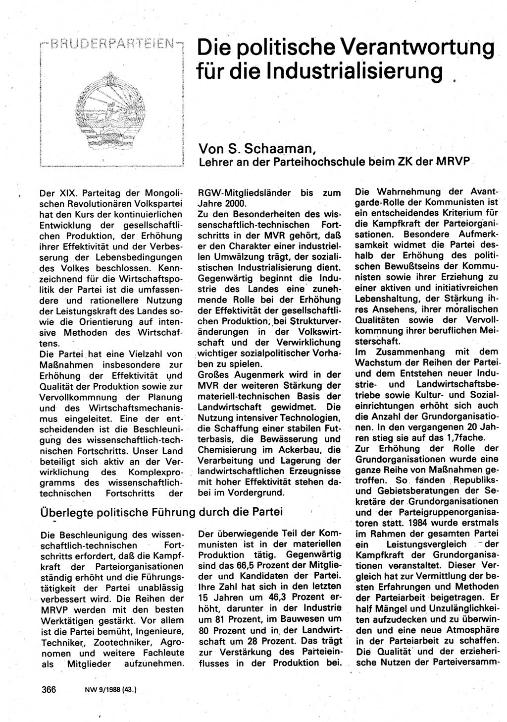 Neuer Weg (NW), Organ des Zentralkomitees (ZK) der SED (Sozialistische Einheitspartei Deutschlands) für Fragen des Parteilebens, 43. Jahrgang [Deutsche Demokratische Republik (DDR)] 1988, Seite 366 (NW ZK SED DDR 1988, S. 366)