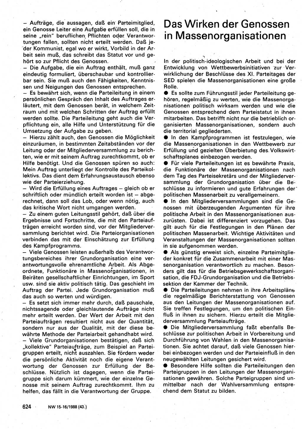 Neuer Weg (NW), Organ des Zentralkomitees (ZK) der SED (Sozialistische Einheitspartei Deutschlands) für Fragen des Parteilebens, 43. Jahrgang [Deutsche Demokratische Republik (DDR)] 1988, Seite 624 (NW ZK SED DDR 1988, S. 624)