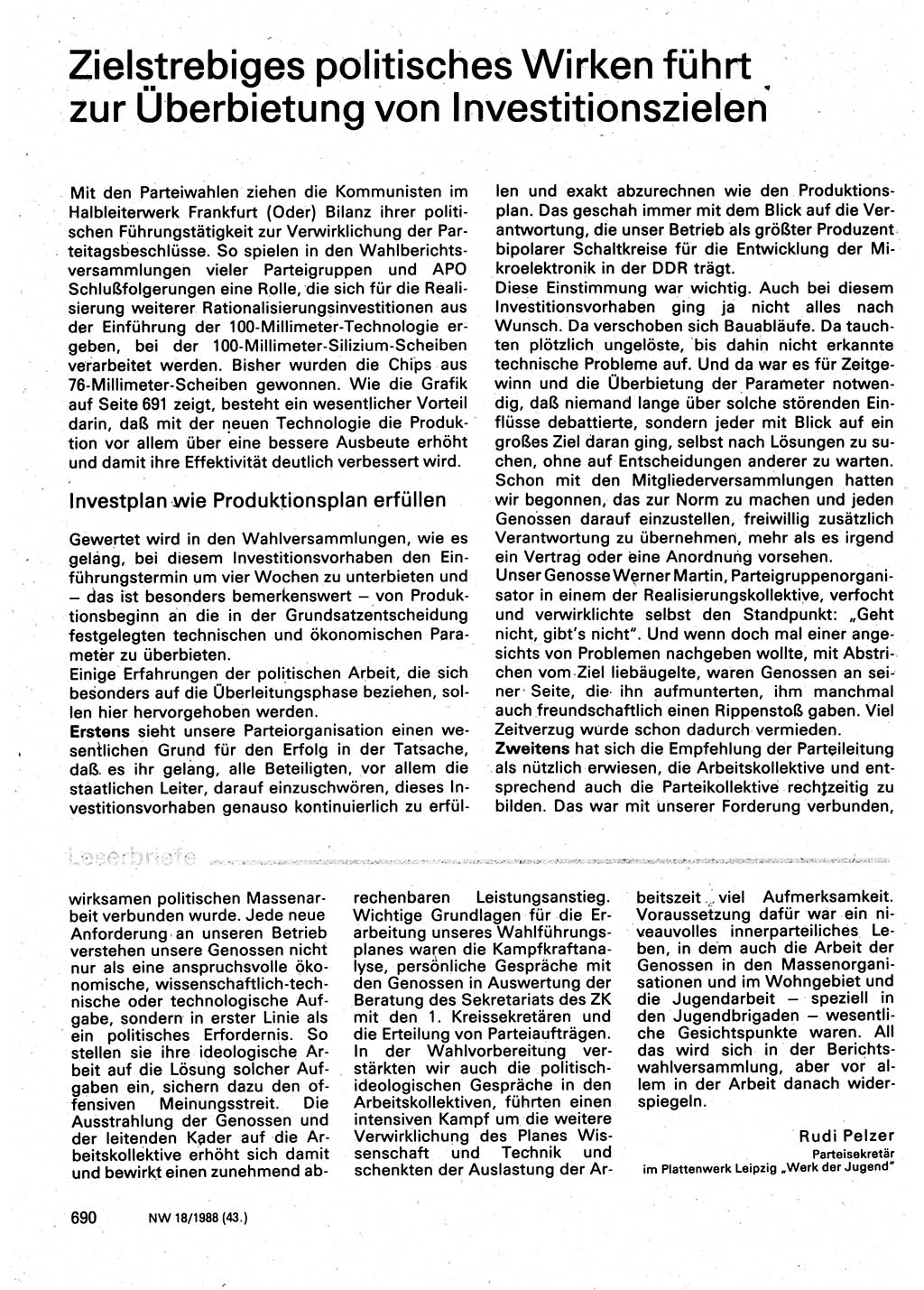 Neuer Weg (NW), Organ des Zentralkomitees (ZK) der SED (Sozialistische Einheitspartei Deutschlands) für Fragen des Parteilebens, 43. Jahrgang [Deutsche Demokratische Republik (DDR)] 1988, Seite 690 (NW ZK SED DDR 1988, S. 690)