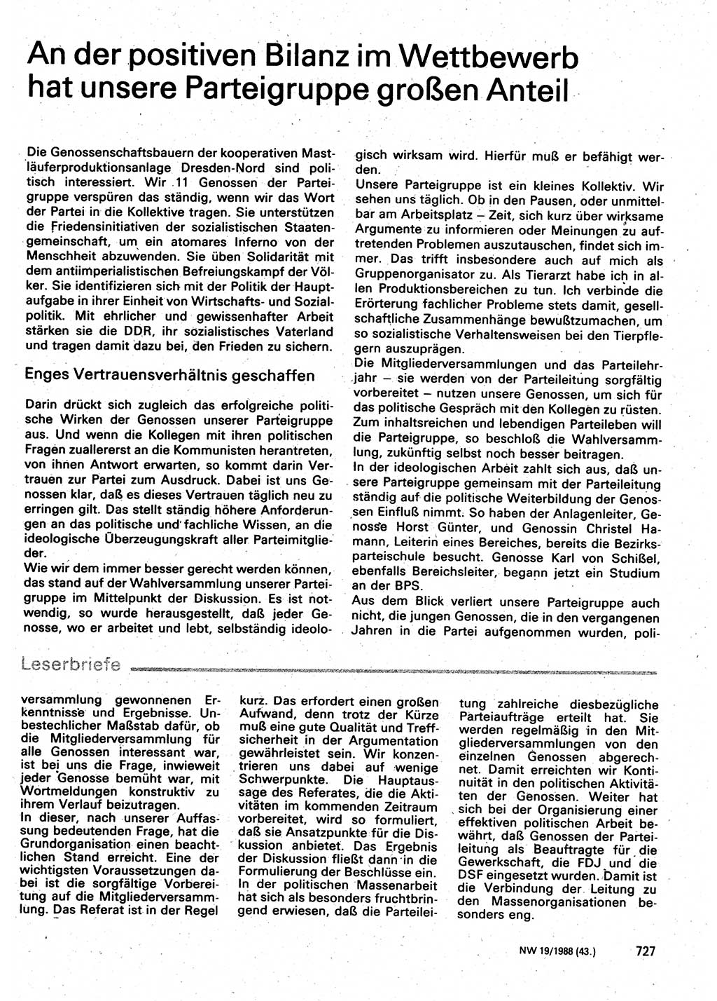 Neuer Weg (NW), Organ des Zentralkomitees (ZK) der SED (Sozialistische Einheitspartei Deutschlands) für Fragen des Parteilebens, 43. Jahrgang [Deutsche Demokratische Republik (DDR)] 1988, Seite 727 (NW ZK SED DDR 1988, S. 727)