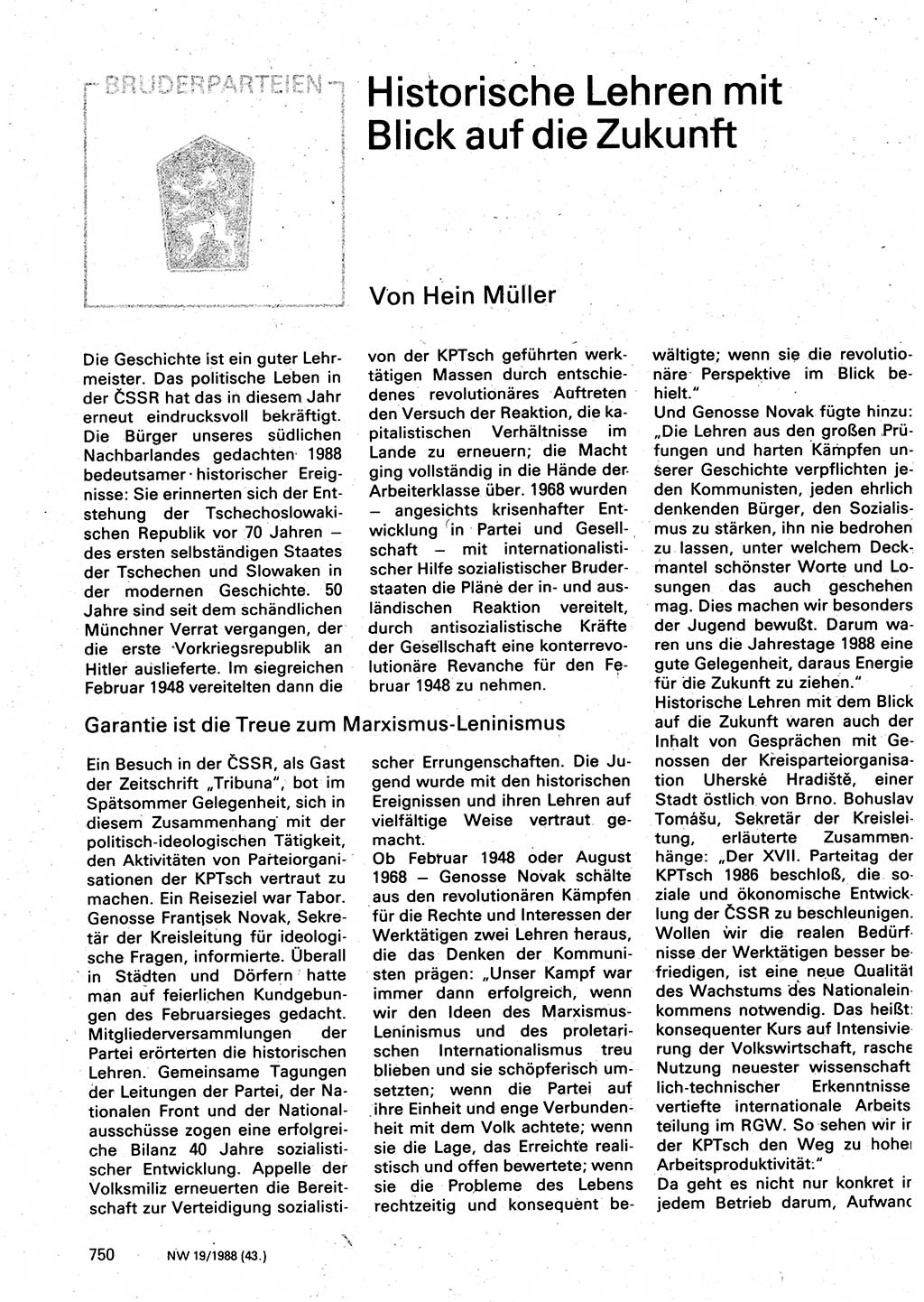 Neuer Weg (NW), Organ des Zentralkomitees (ZK) der SED (Sozialistische Einheitspartei Deutschlands) für Fragen des Parteilebens, 43. Jahrgang [Deutsche Demokratische Republik (DDR)] 1988, Seite 750 (NW ZK SED DDR 1988, S. 750)