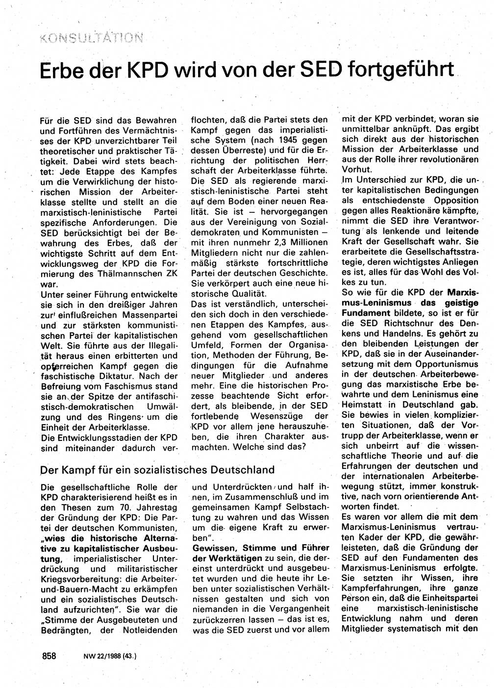 Neuer Weg (NW), Organ des Zentralkomitees (ZK) der SED (Sozialistische Einheitspartei Deutschlands) für Fragen des Parteilebens, 43. Jahrgang [Deutsche Demokratische Republik (DDR)] 1988, Seite 858 (NW ZK SED DDR 1988, S. 858)