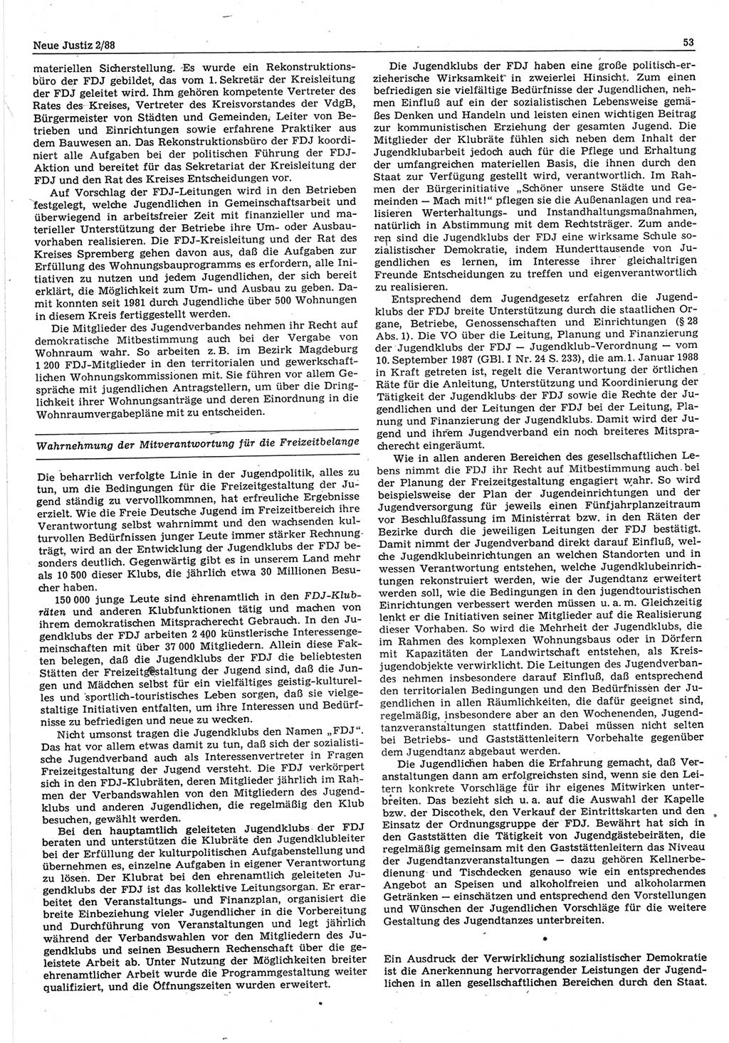 Neue Justiz (NJ), Zeitschrift für sozialistisches Recht und Gesetzlichkeit [Deutsche Demokratische Republik (DDR)], 42. Jahrgang 1988, Seite 53 (NJ DDR 1988, S. 53)