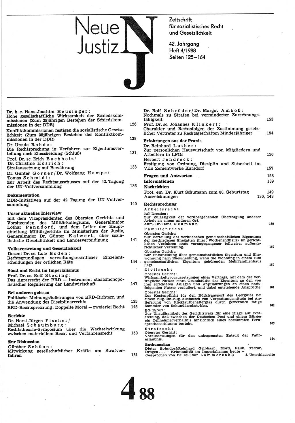 Neue Justiz (NJ), Zeitschrift für sozialistisches Recht und Gesetzlichkeit [Deutsche Demokratische Republik (DDR)], 42. Jahrgang 1988, Seite 125 (NJ DDR 1988, S. 125)
