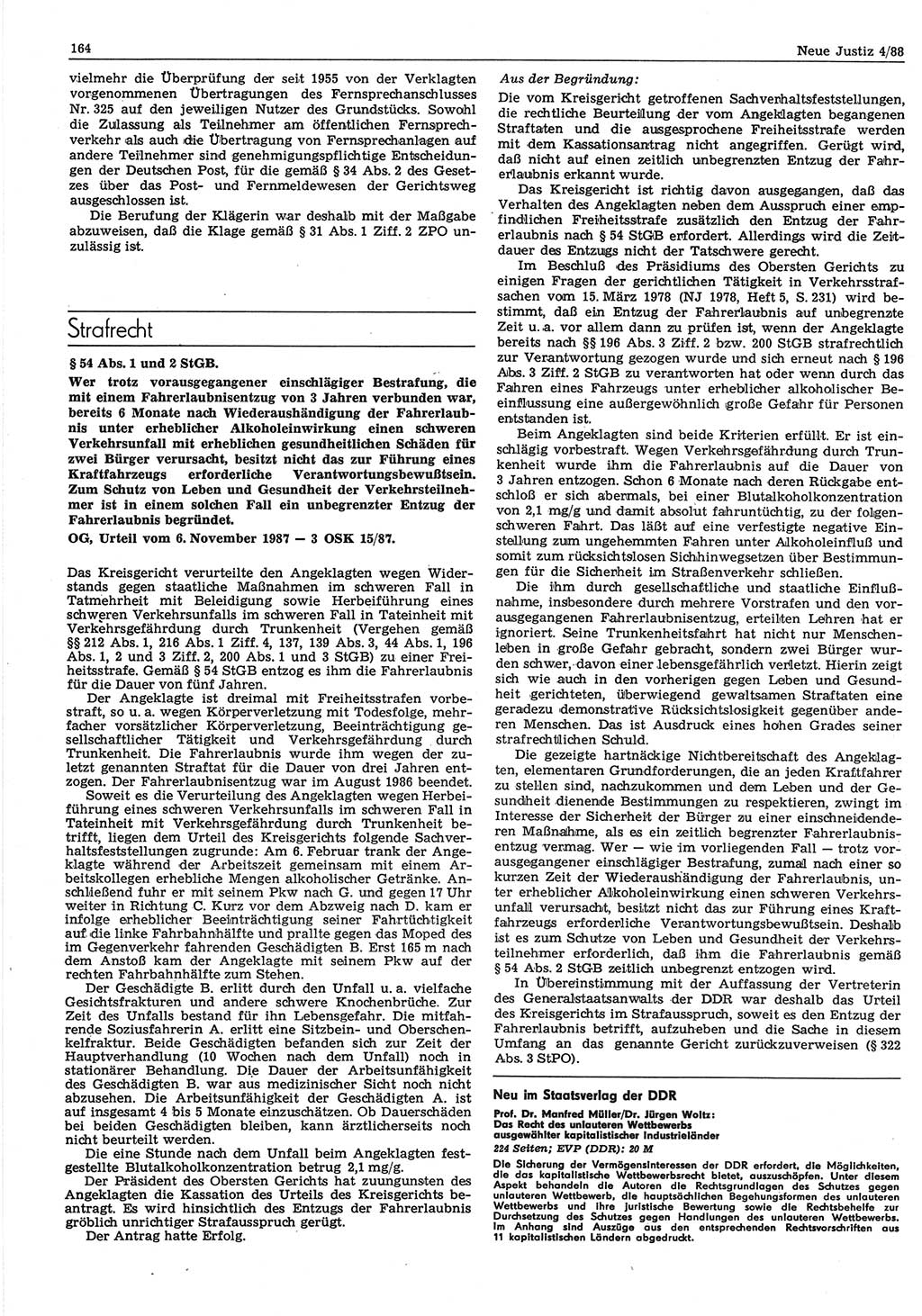 Neue Justiz (NJ), Zeitschrift für sozialistisches Recht und Gesetzlichkeit [Deutsche Demokratische Republik (DDR)], 42. Jahrgang 1988, Seite 164 (NJ DDR 1988, S. 164)
