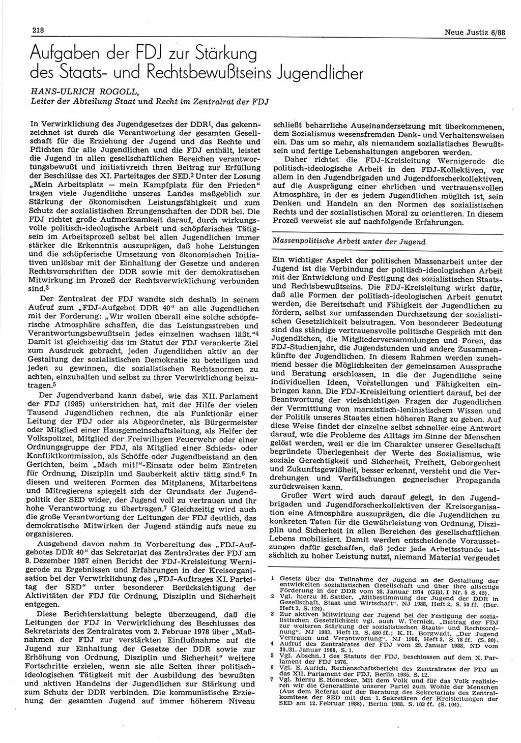 Neue Justiz (NJ), Zeitschrift für sozialistisches Recht und Gesetzlichkeit [Deutsche Demokratische Republik (DDR)], 42. Jahrgang 1988, Seite 218 (NJ DDR 1988, S. 218)