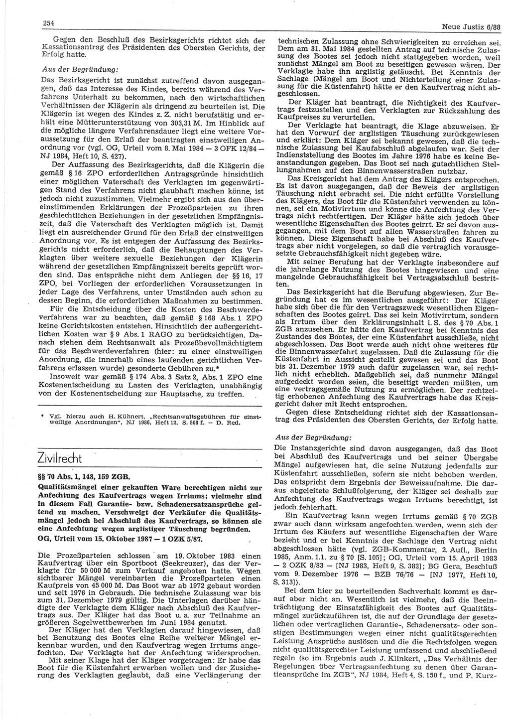 Neue Justiz (NJ), Zeitschrift für sozialistisches Recht und Gesetzlichkeit [Deutsche Demokratische Republik (DDR)], 42. Jahrgang 1988, Seite 254 (NJ DDR 1988, S. 254)