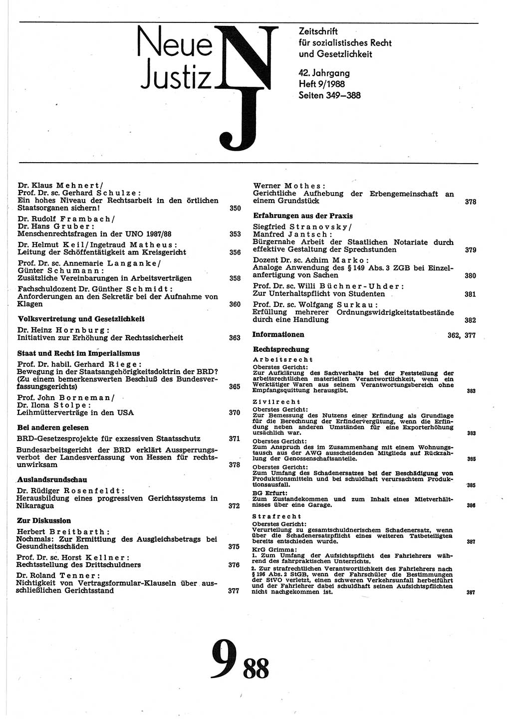 Neue Justiz (NJ), Zeitschrift für sozialistisches Recht und Gesetzlichkeit [Deutsche Demokratische Republik (DDR)], 42. Jahrgang 1988, Seite 349 (NJ DDR 1988, S. 349)