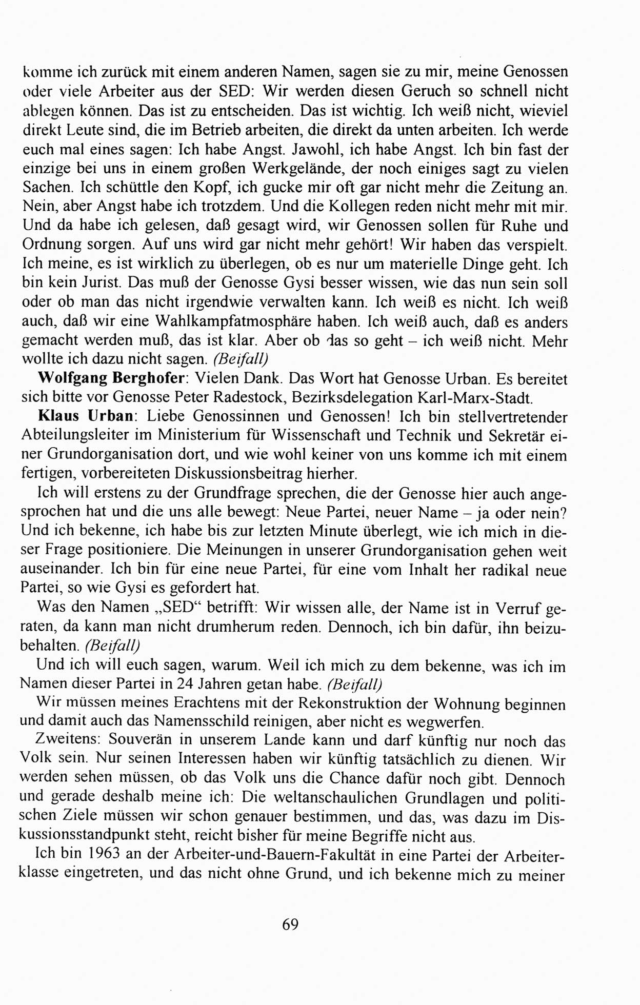 Außerordentlicher Parteitag der SED/PDS (Sozialistische Einheitspartei Deutschlands/Partei des Demokratischen Sozialismus) [Deutsche Demokratische Republik (DDR)], Protokoll der Beratungen am 8./9. und 16./17.12.1989 in Berlin 1989, Seite 69 (PT. SED/PDS DDR Prot. 1989, S. 69)