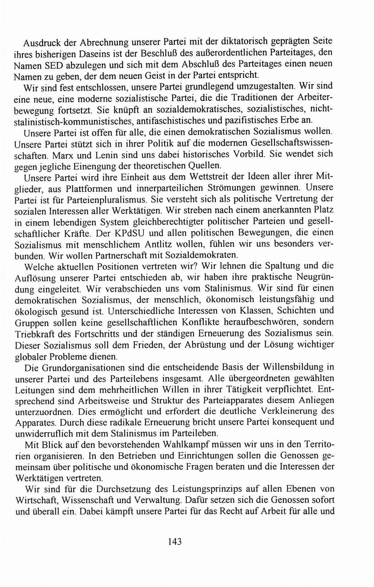 Außerordentlicher Parteitag der SED/PDS (Sozialistische Einheitspartei Deutschlands/Partei des Demokratischen Sozialismus) [Deutsche Demokratische Republik (DDR)], Protokoll der Beratungen am 8./9. und 16./17.12.1989 in Berlin 1989, Seite 143 (PT. SED/PDS DDR Prot. 1989, S. 143)