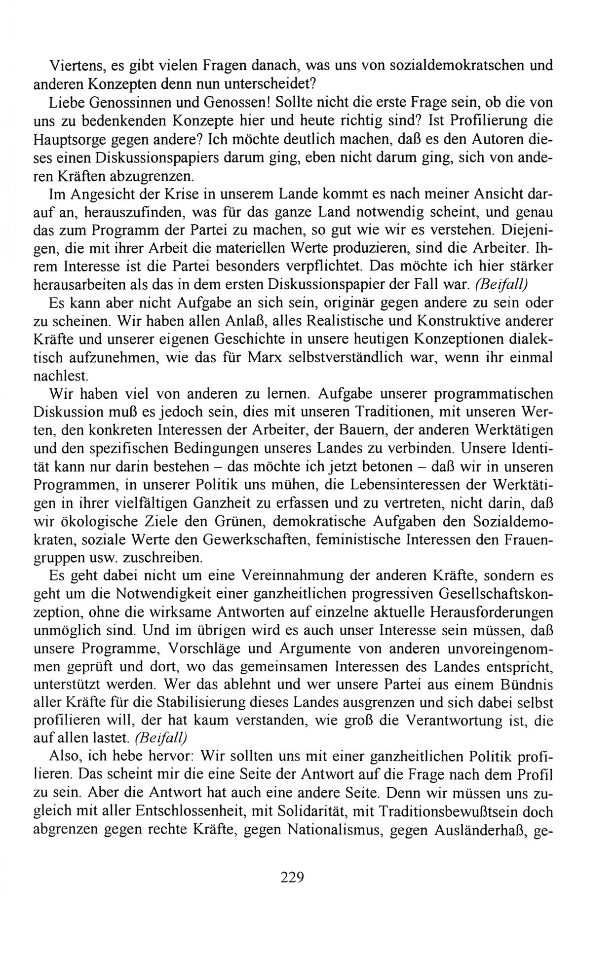 Außerordentlicher Parteitag der SED/PDS (Sozialistische Einheitspartei Deutschlands/Partei des Demokratischen Sozialismus) [Deutsche Demokratische Republik (DDR)], Protokoll der Beratungen am 8./9. und 16./17.12.1989 in Berlin 1989, Seite 229 (PT. SED/PDS DDR Prot. 1989, S. 229)