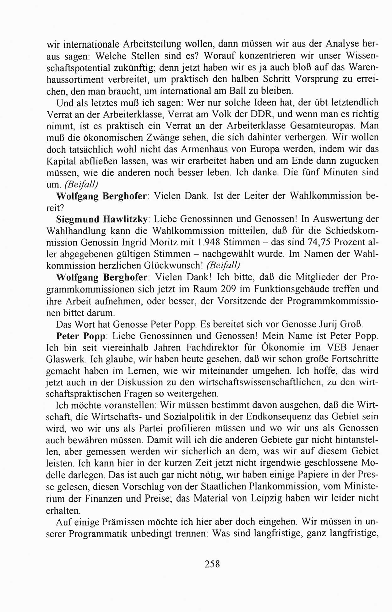 Außerordentlicher Parteitag der SED/PDS (Sozialistische Einheitspartei Deutschlands/Partei des Demokratischen Sozialismus) [Deutsche Demokratische Republik (DDR)], Protokoll der Beratungen am 8./9. und 16./17.12.1989 in Berlin 1989, Seite 258 (PT. SED/PDS DDR Prot. 1989, S. 258)