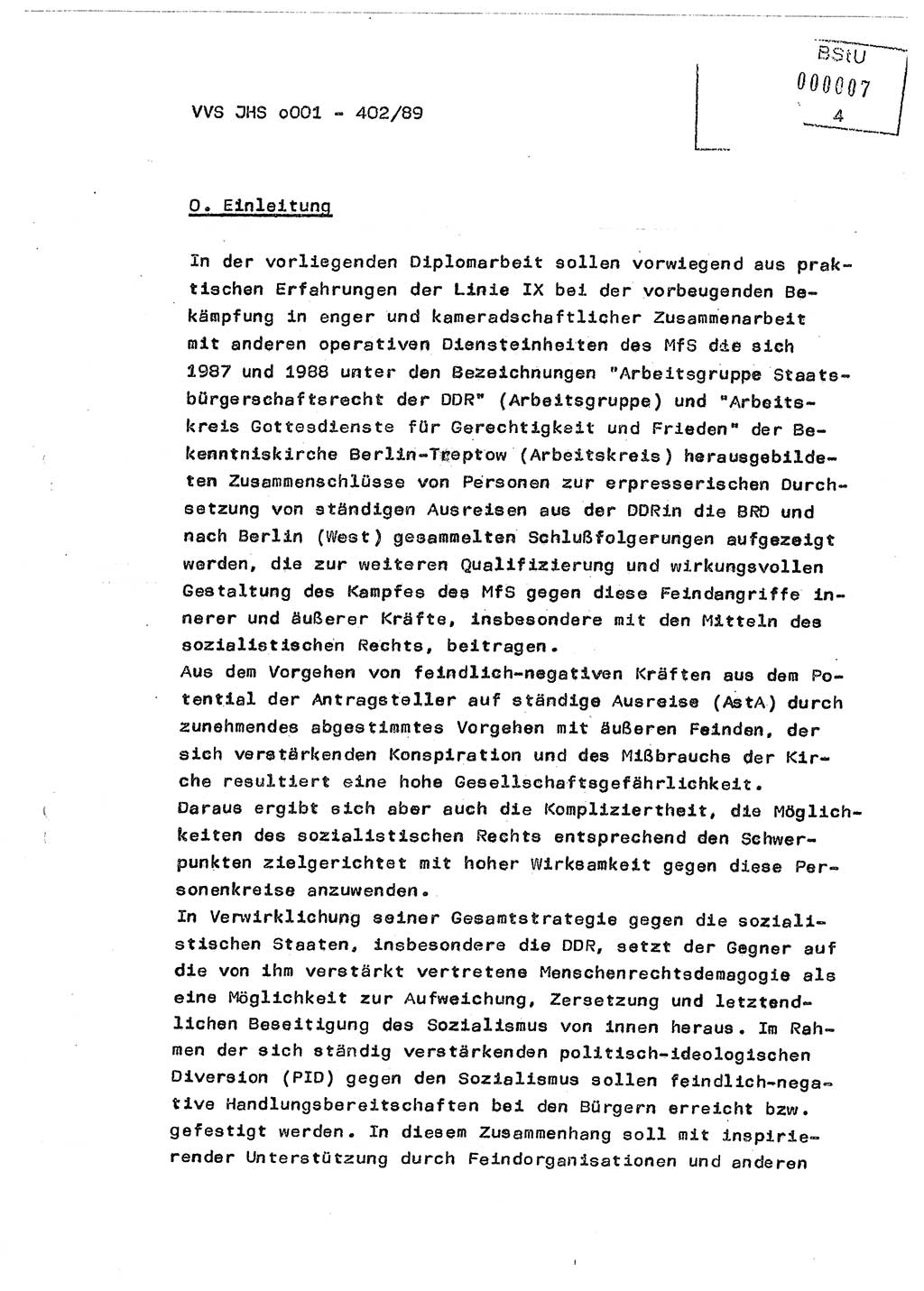 Diplomarbeit Major Günter Müller (HA Ⅸ/9), Ministerium für Staatssicherheit (MfS) [Deutsche Demokratische Republik (DDR)], Juristische Hochschule (JHS), Vertrauliche Verschlußsache (VVS) o001-402/89, Potsdam 1989, Seite 4 (Dipl.-Arb. MfS DDR JHS VVS o001-402/89 1989, S. 4)