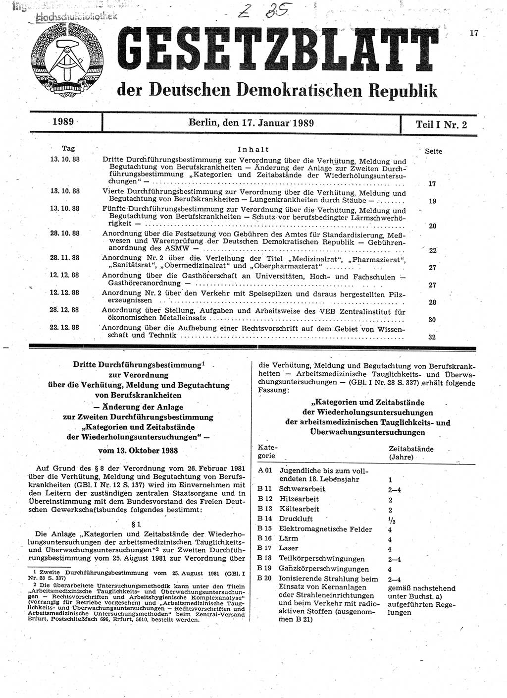 Gesetzblatt (GBl.) der Deutschen Demokratischen Republik (DDR) Teil Ⅰ 1989, Seite 17 (GBl. DDR Ⅰ 1989, S. 17)