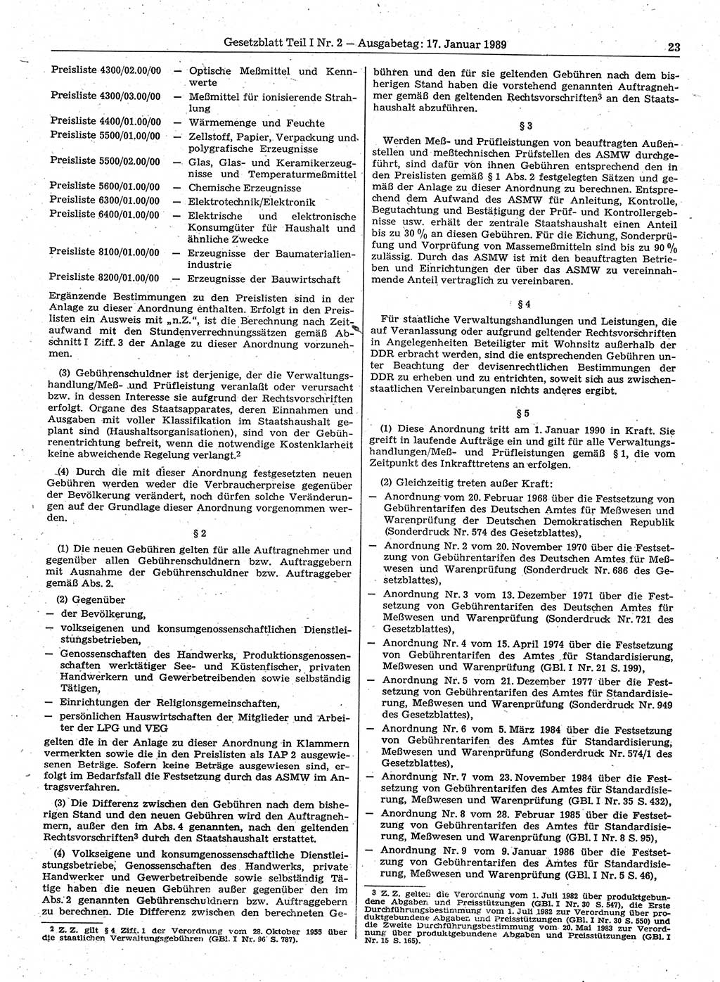 Gesetzblatt (GBl.) der Deutschen Demokratischen Republik (DDR) Teil Ⅰ 1989, Seite 23 (GBl. DDR Ⅰ 1989, S. 23)