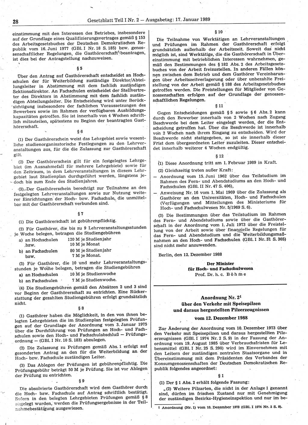 Gesetzblatt (GBl.) der Deutschen Demokratischen Republik (DDR) Teil Ⅰ 1989, Seite 28 (GBl. DDR Ⅰ 1989, S. 28)
