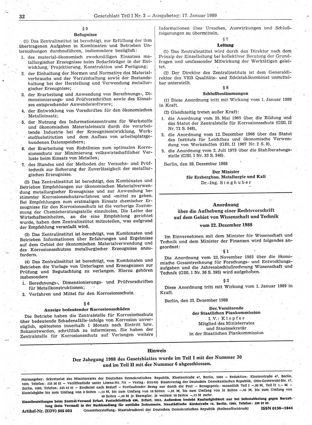 Gesetzblatt (GBl.) der Deutschen Demokratischen Republik (DDR) Teil Ⅰ 1989, Seite 32 (GBl. DDR Ⅰ 1989, S. 32)