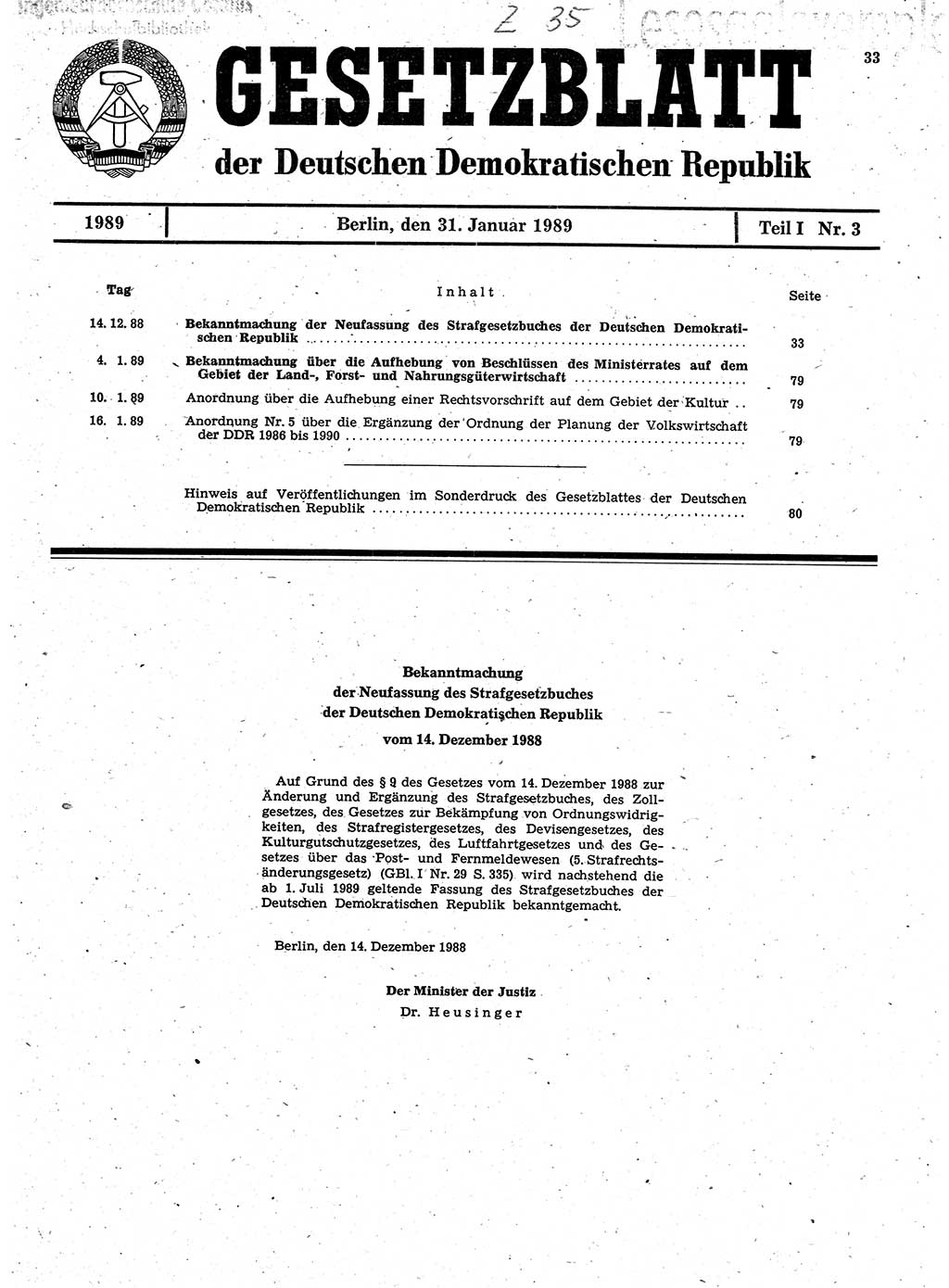 Gesetzblatt (GBl.) der Deutschen Demokratischen Republik (DDR) Teil Ⅰ 1989, Seite 33 (GBl. DDR Ⅰ 1989, S. 33)