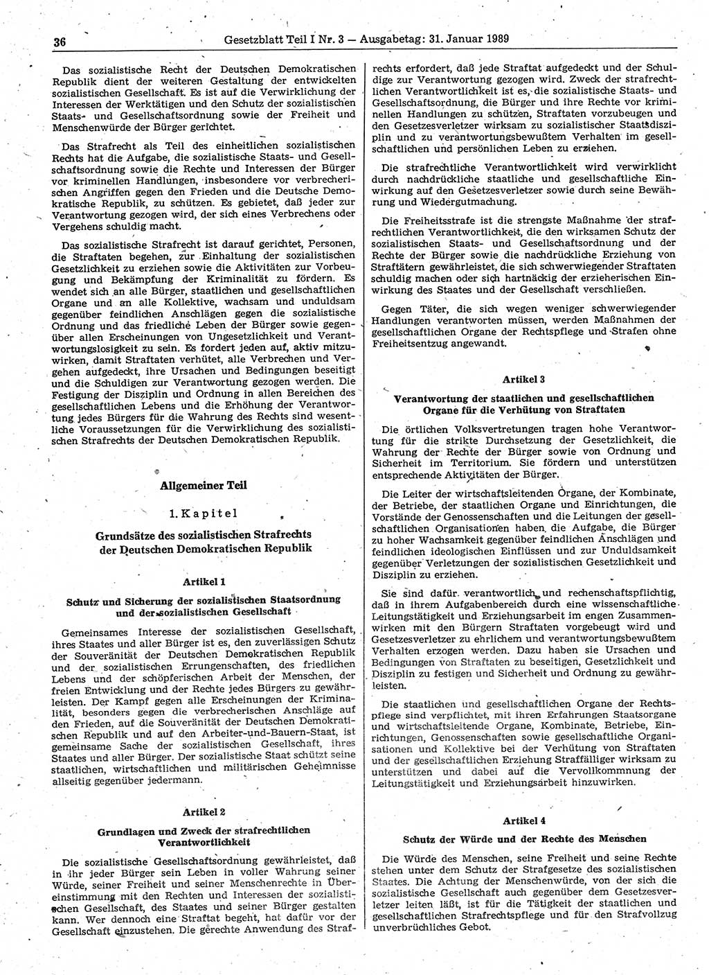 Gesetzblatt (GBl.) der Deutschen Demokratischen Republik (DDR) Teil Ⅰ 1989, Seite 36 (GBl. DDR Ⅰ 1989, S. 36)