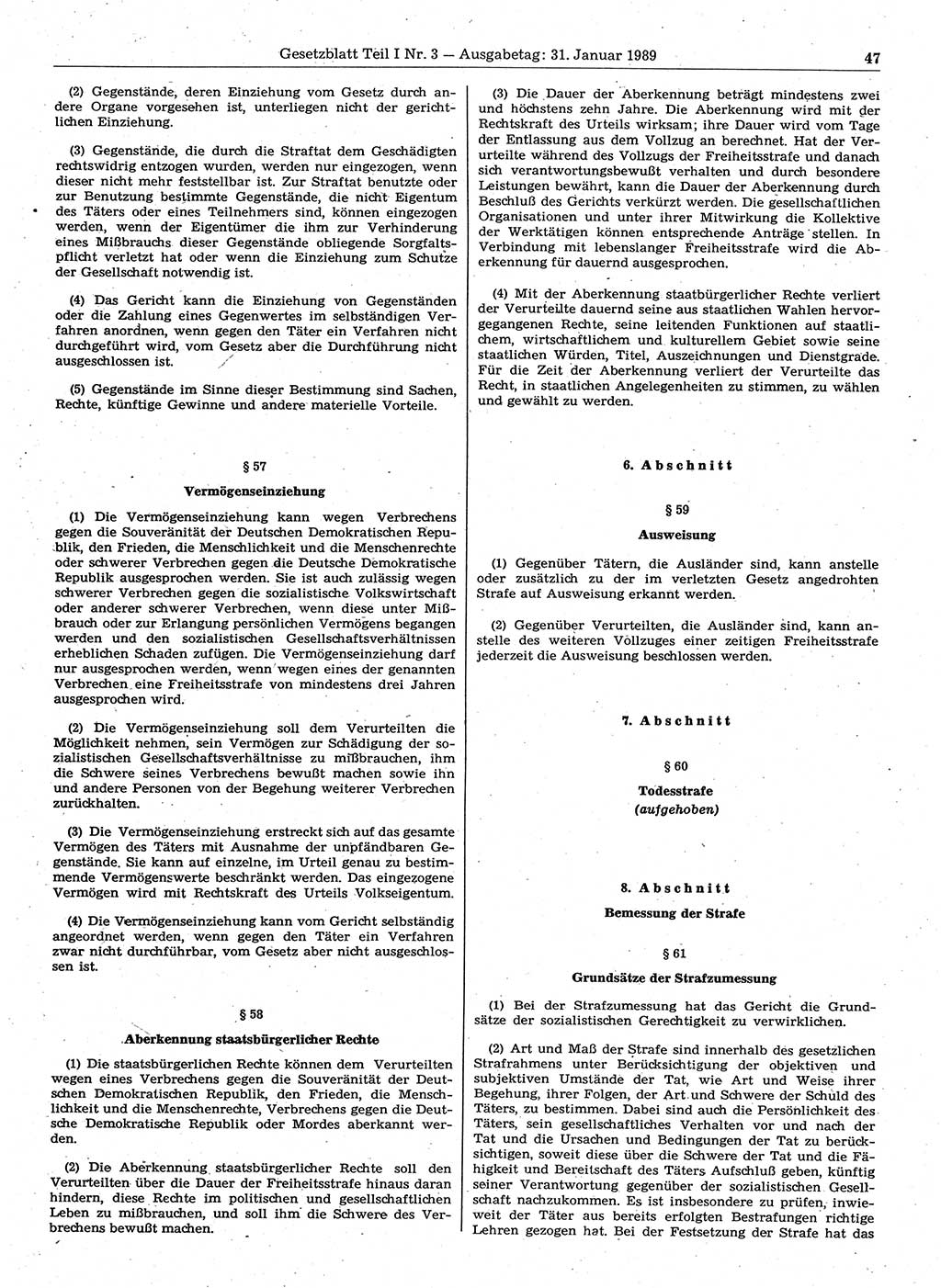 Gesetzblatt (GBl.) der Deutschen Demokratischen Republik (DDR) Teil Ⅰ 1989, Seite 47 (GBl. DDR Ⅰ 1989, S. 47)