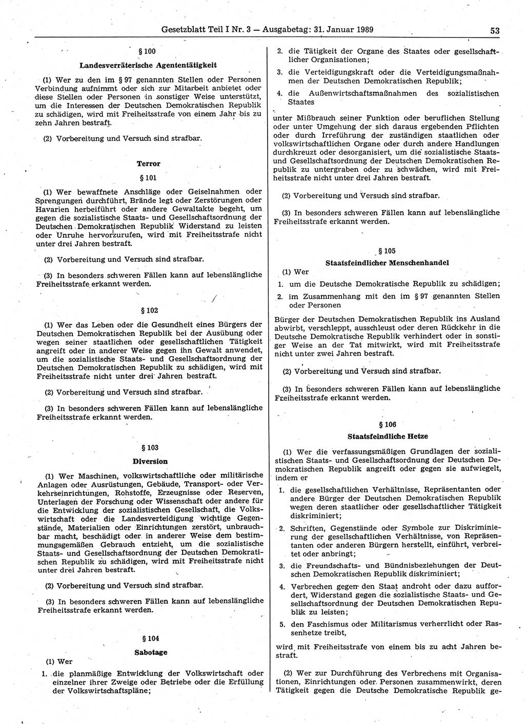Gesetzblatt (GBl.) der Deutschen Demokratischen Republik (DDR) Teil Ⅰ 1989, Seite 53 (GBl. DDR Ⅰ 1989, S. 53)