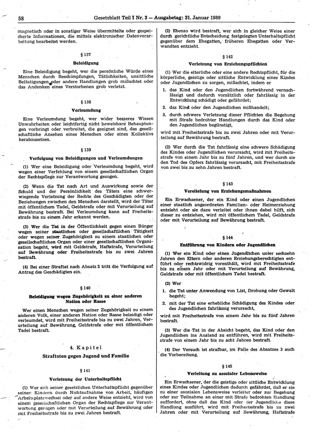 Gesetzblatt (GBl.) der Deutschen Demokratischen Republik (DDR) Teil Ⅰ 1989, Seite 58 (GBl. DDR Ⅰ 1989, S. 58)