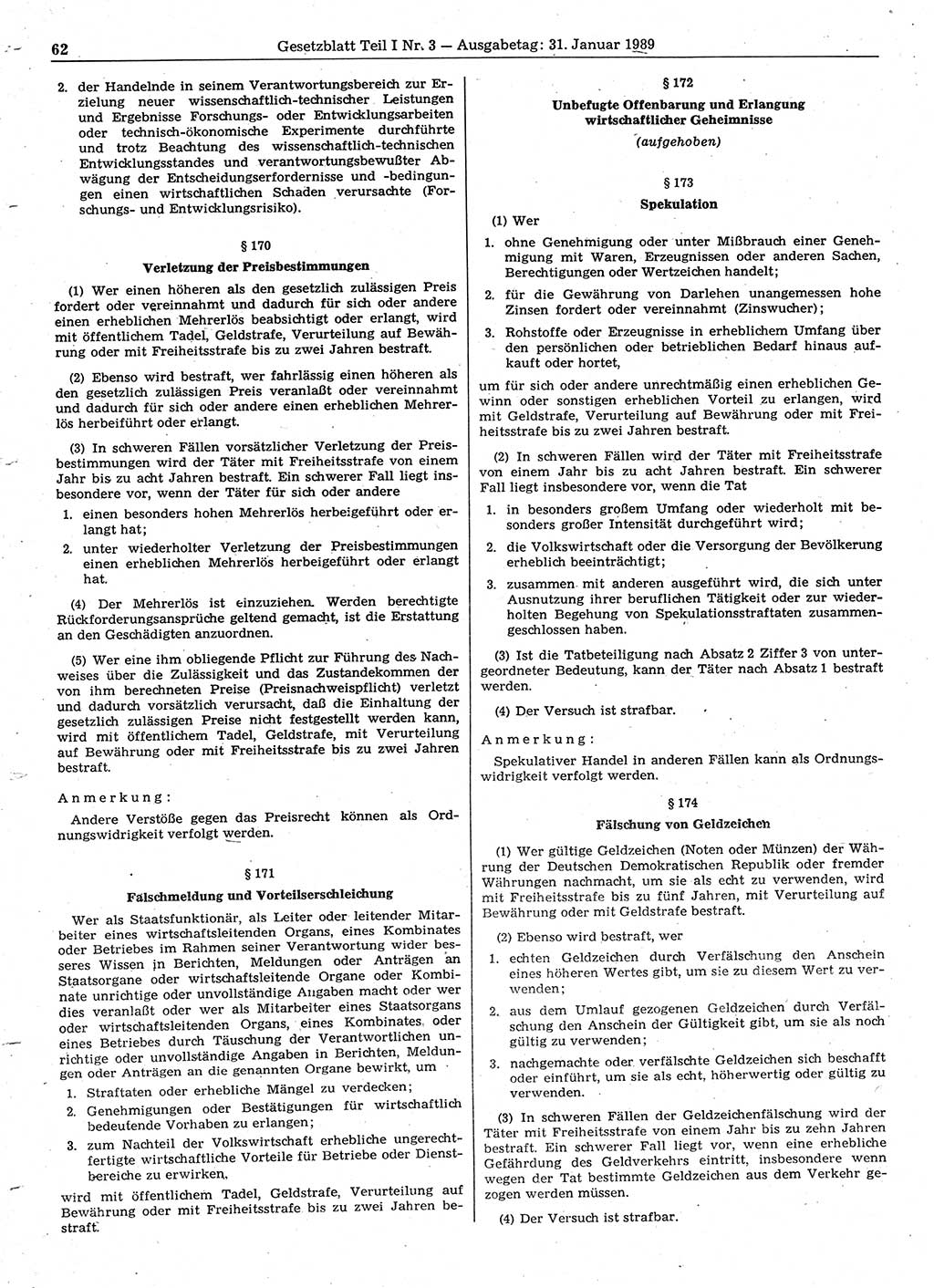 Gesetzblatt (GBl.) der Deutschen Demokratischen Republik (DDR) Teil Ⅰ 1989, Seite 62 (GBl. DDR Ⅰ 1989, S. 62)