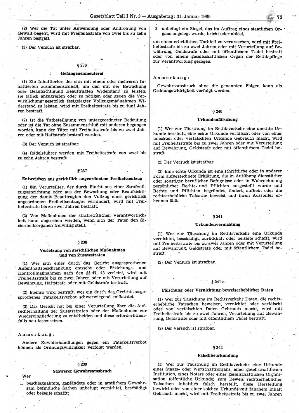 Gesetzblatt (GBl.) der Deutschen Demokratischen Republik (DDR) Teil Ⅰ 1989, Seite 73 (GBl. DDR Ⅰ 1989, S. 73)