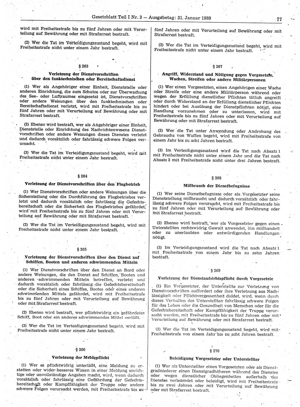 Gesetzblatt (GBl.) der Deutschen Demokratischen Republik (DDR) Teil Ⅰ 1989, Seite 77 (GBl. DDR Ⅰ 1989, S. 77)