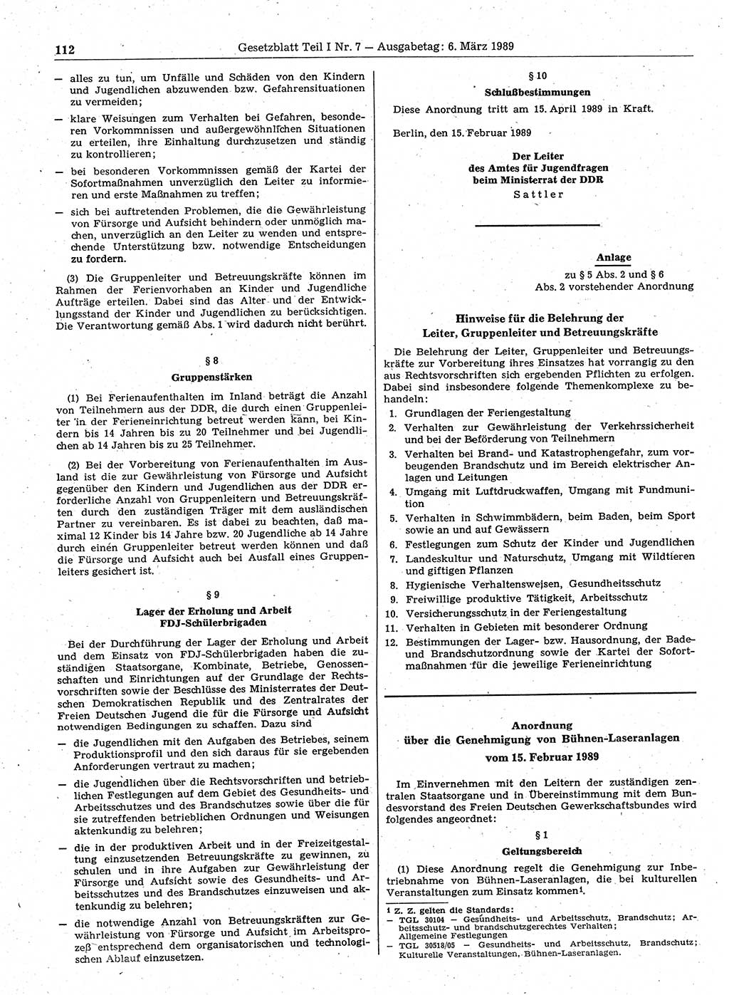 Gesetzblatt (GBl.) der Deutschen Demokratischen Republik (DDR) Teil Ⅰ 1989, Seite 112 (GBl. DDR Ⅰ 1989, S. 112)