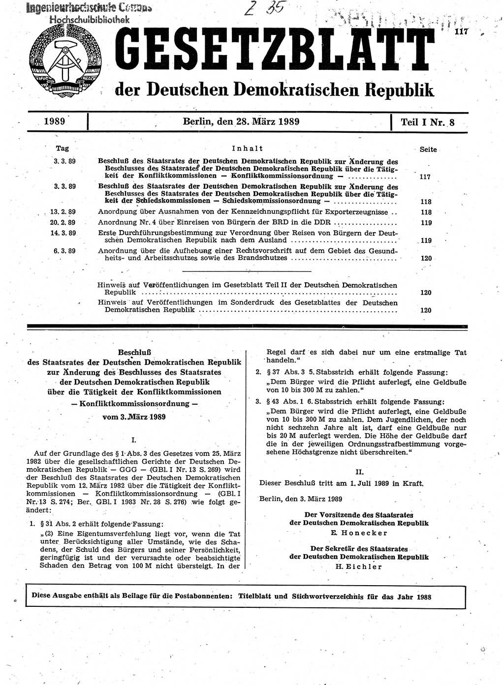 Gesetzblatt (GBl.) der Deutschen Demokratischen Republik (DDR) Teil Ⅰ 1989, Seite 117 (GBl. DDR Ⅰ 1989, S. 117)