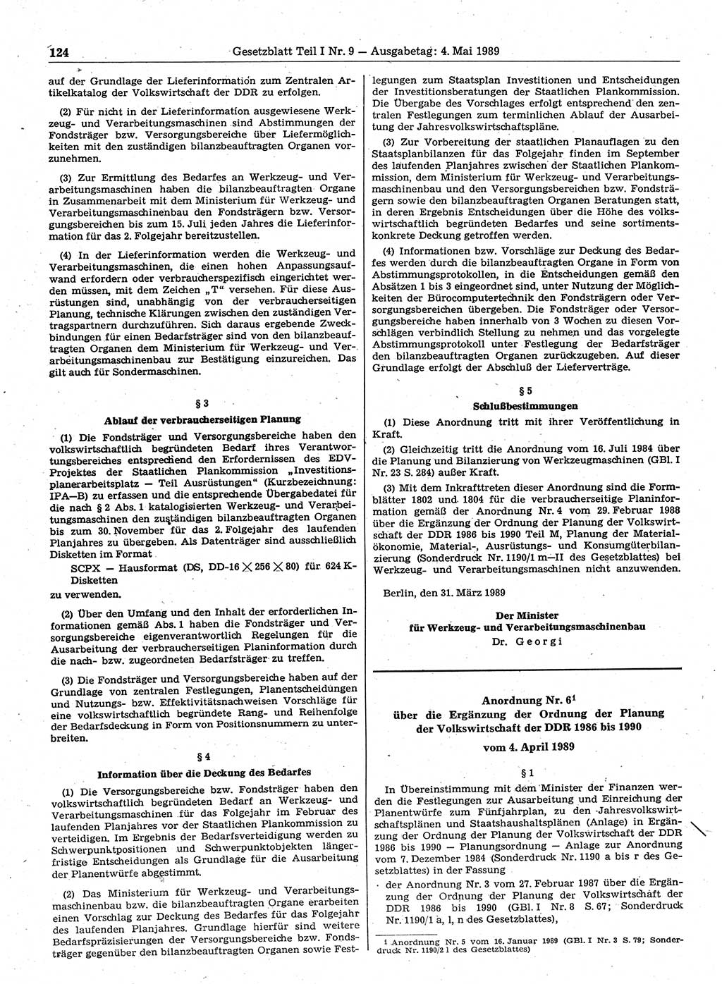 Gesetzblatt (GBl.) der Deutschen Demokratischen Republik (DDR) Teil Ⅰ 1989, Seite 124 (GBl. DDR Ⅰ 1989, S. 124)